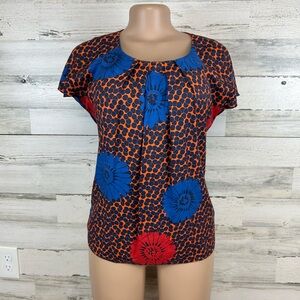 Boden Cap Sleeve Orange Floral Silk Blend Blouse Boho Polka Dot Size 6 US Small